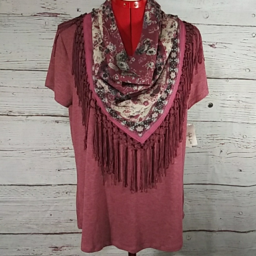 Style & co Women T-Shirt With Fringe Scarf Sz S - Picture 2 of 8